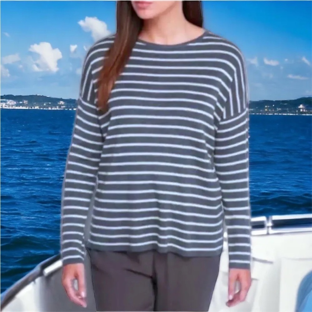 $238 Eileen Fisher Box Top Merino Wool Blend Petite P Striped Ash Gray Classic